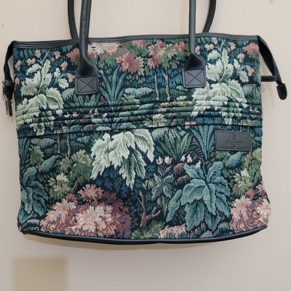 Vintage 1980s ATLANTIC Floral Tapestry Travel Zippered Shopping Tote Bag, Green - Picture 4 of 16